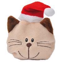 Das Bild zeigt ein Katzenspielzeug der Marke Aumüller in Form eines beige-braunen Katzenkopfes mit aufgesticktem Gesicht und einer roten Weihnachtsmütze. Es ist speziell für Katzen entwickelt und dient der spielerischen Beschäftigung. Perfekt für die Weih