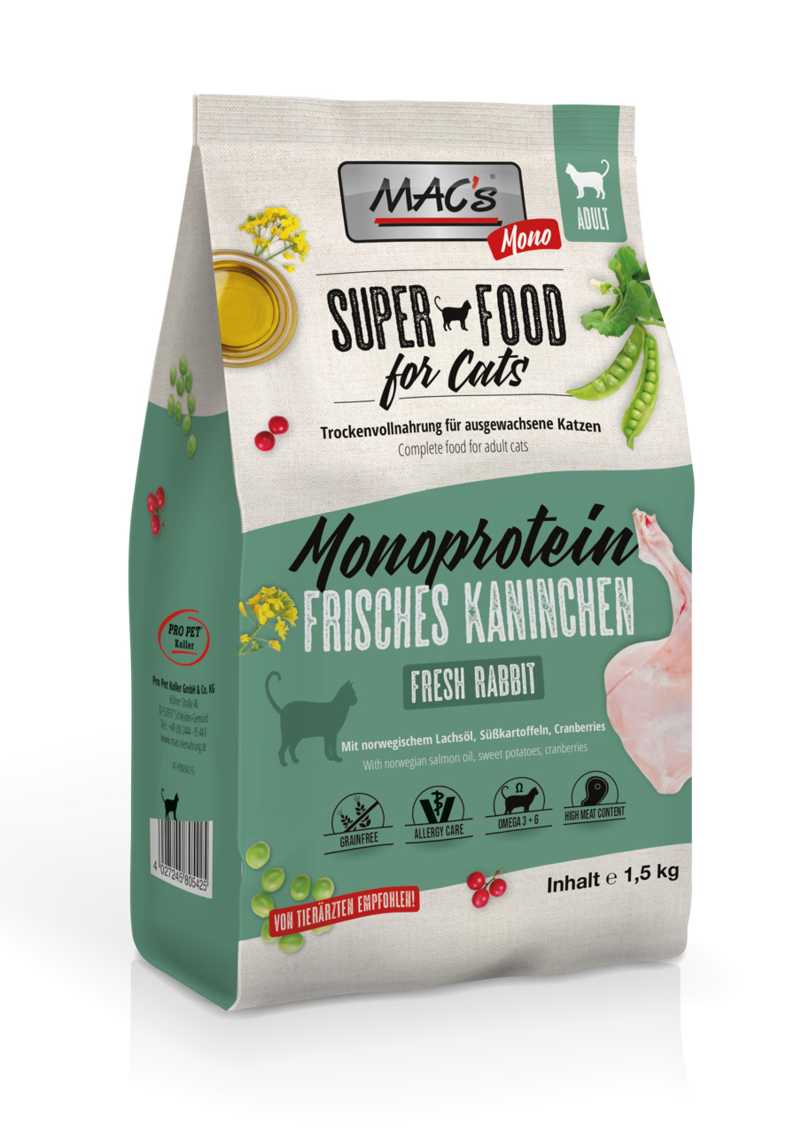 MAC's Mono Superfood, Trockenfutter f. Katzen, Frisches Kaninchen, getreidefrei, mit Lachsöl, Süßkartoffeln, Cranberries, 1,5 kg.