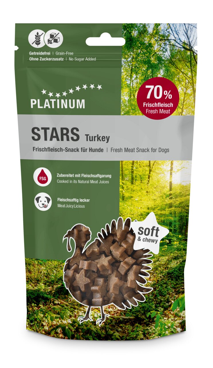 PLATINUM Stars Turkey, Frischfleisch-Snack für Hunde, Geschmack: Pute, 70% Frischfleisch, getreidefrei, ohne Zuckerzusatz, 300g.