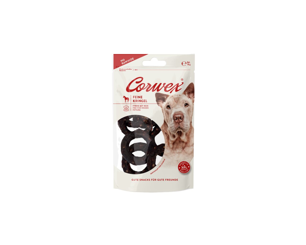 Corwex Feine Kringel für Hunde, Pferd mit Reis, fettarm, ohne Rohhaut, gute Snacks, 70 g Packung.