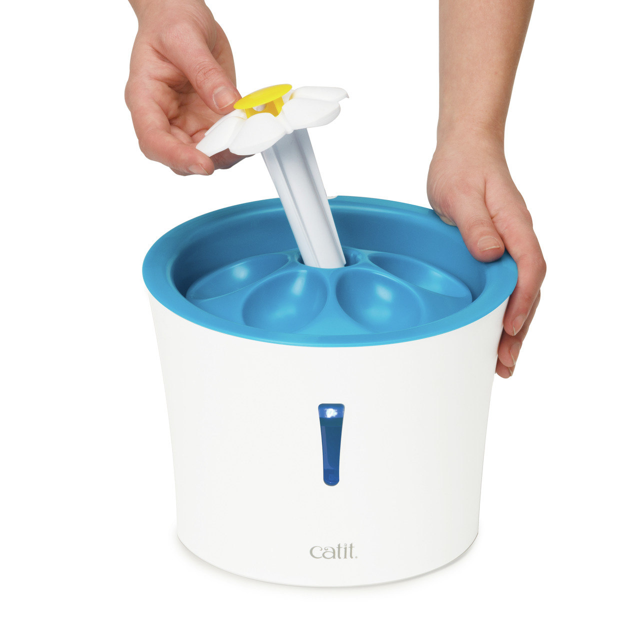 Catit Blumentrinkbrunnen, Trinkbrunnen für Katzen, animiert zur Flüssigkeitsaufnahme, weiß-blau, gelb-weiße Blume, 1,5 l.