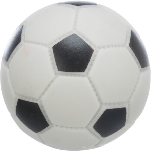 Das Bild zeigt einen schwarz-weißen Hundespielzeugball in Fußballoptik der Marke TRIXIE. Der Ball ist für Hunde aller Größen geeignet und dient als robustes Spielzeug für drinnen und draußen. Er fördert die Aktivität und den Spielspaß des Hundes. Die Ober