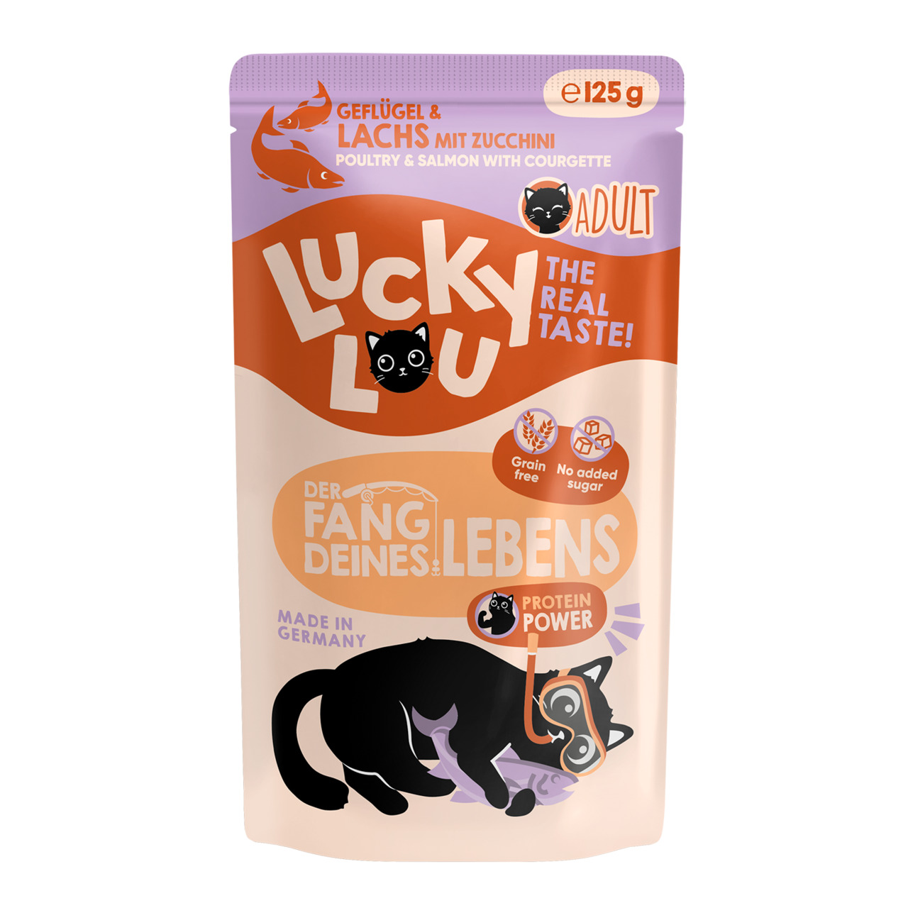 Lucky Lou Katzenfutter, Geflügel & Lachs mit Zucchini, für ausgewachsene Katzen, 125 g, getreidefrei, ohne Zuckerzusatz, Made in Germany.