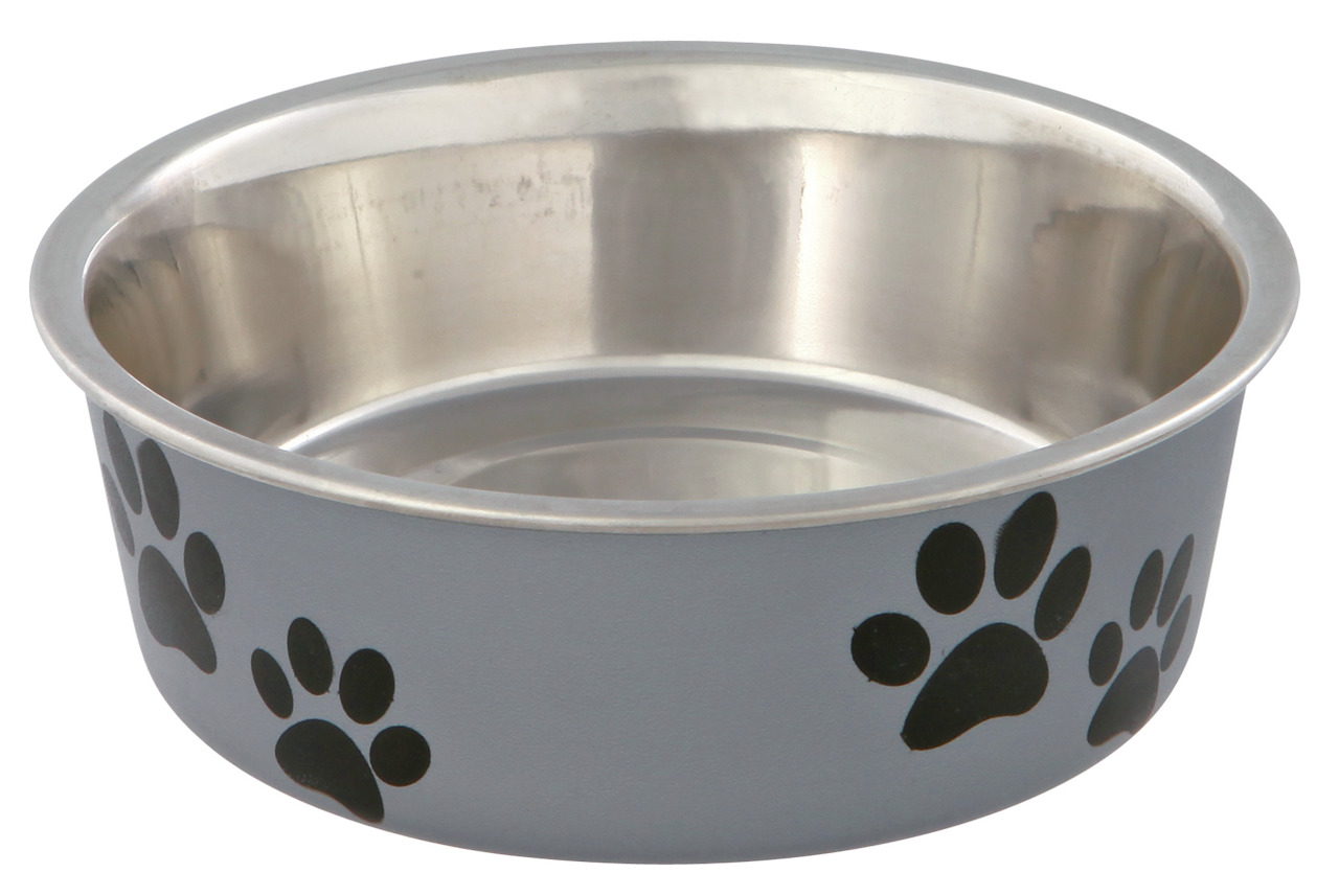 Futternapf aus Edelstahl mit grauer Außenseite und schwarzen Pfotenabdrücken, Marke TRIXIE, geeignet für Hunde und Katzen. Robustes Material, leicht zu reinigen, ideal für Futter oder Wasser. Fassungsvermögen und Größe nicht erkennbar. Stilvolles Design f