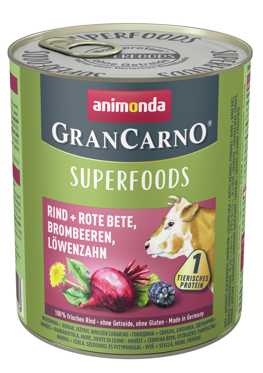Animonda GranCarno Single Protein Superfoods Adult Rind + Rote Bete, Brombeeren, Löwenzahn Hunde Nassfutter 800 g
