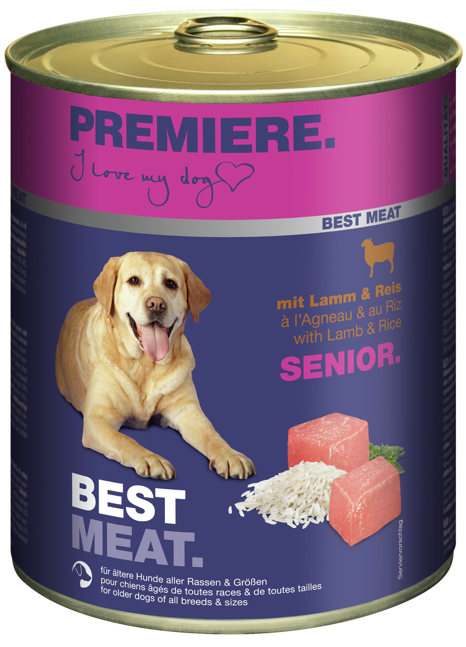Die Abbildung zeigt eine Dose Hundefutter der Marke PREMIERE mit der Aufschrift „I love my dog“. Es handelt sich um das Produkt „Best Meat Senior“ mit Lamm und Reis, speziell für ältere Hunde aller Rassen und Größen. Die Dose enthält saftige Fleischstücke