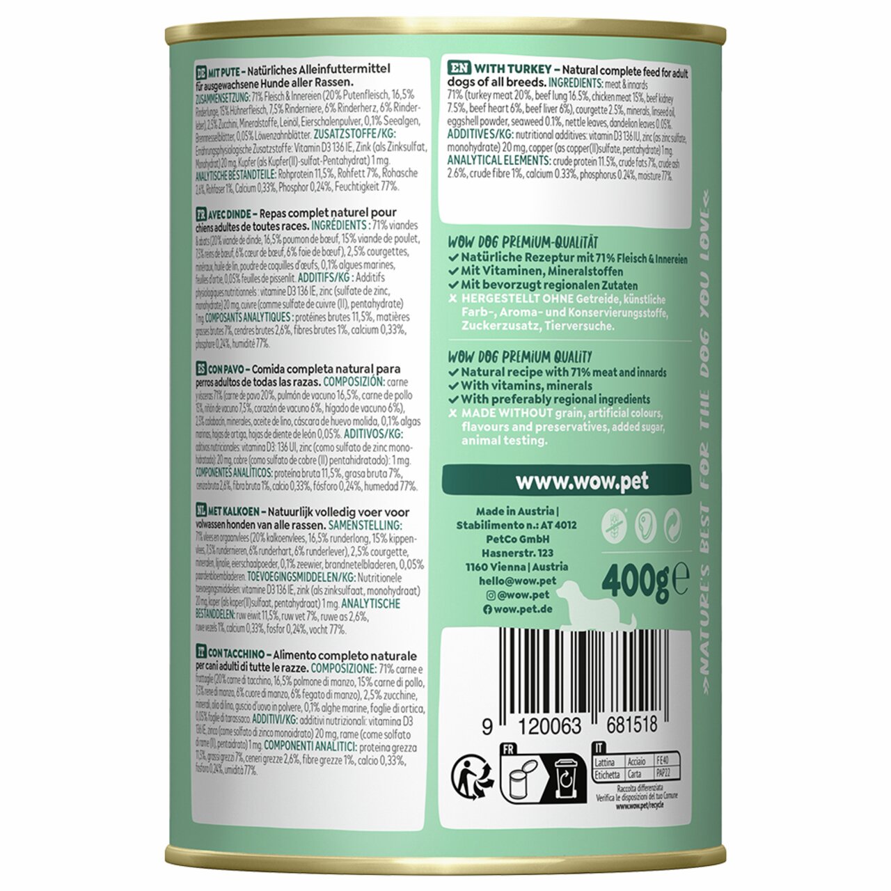 Dose WOW DOG, Hundefutter für ausgewachsene Hunde, mit Pute, 400 g. Natürliche Rezeptur aus Österreich, getreidefrei.