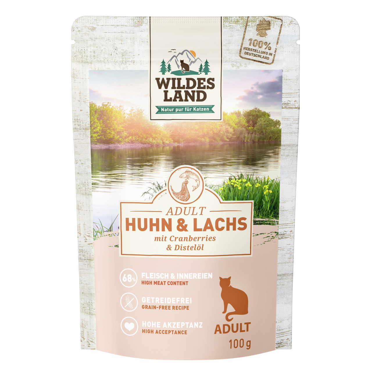 Wildes Land Adult Huhn & Lachs, für ausgewachsene Katzen, getreidefrei, 68 % Fleisch, Cranberries, Distelöl, 100 g, hohe Akzeptanz.