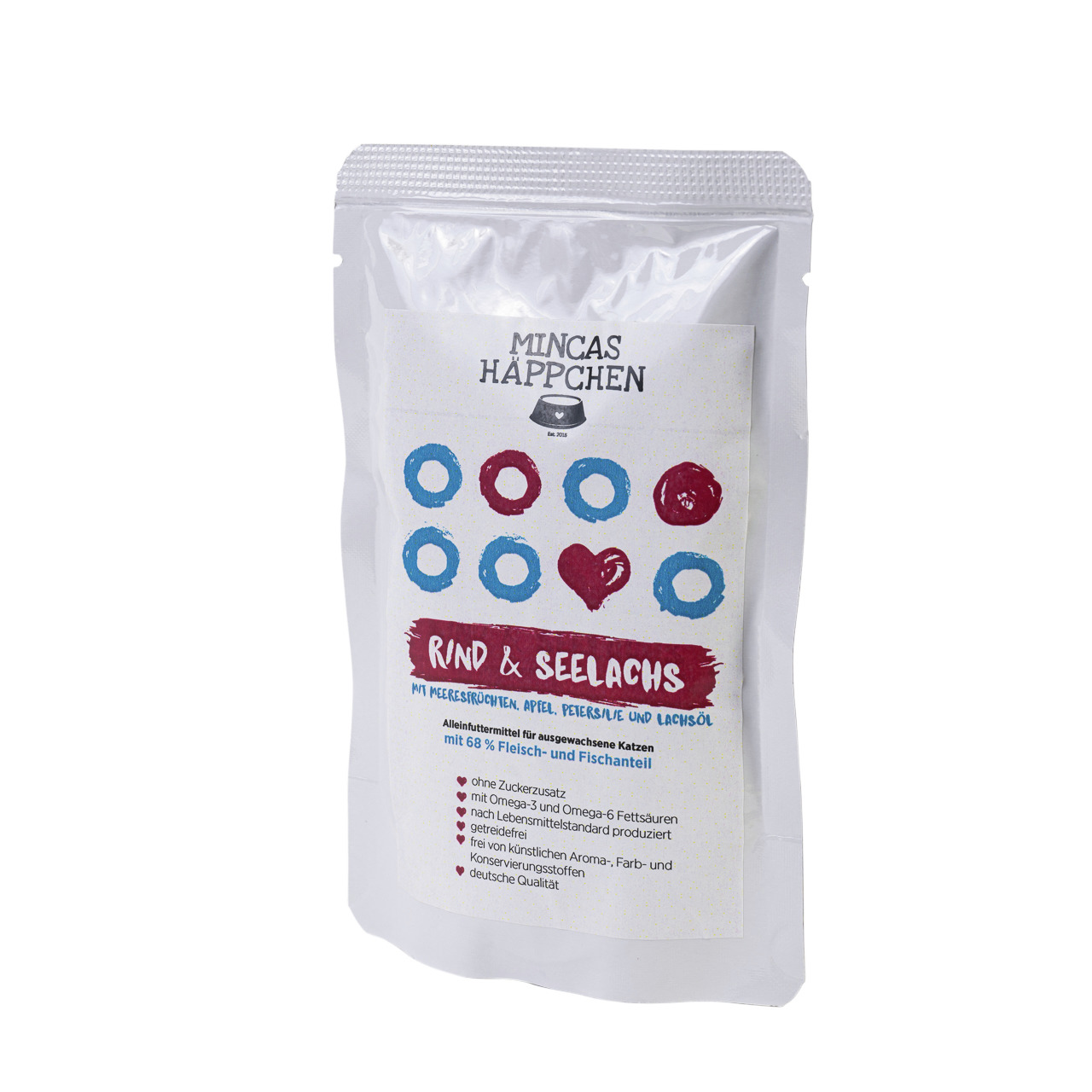 Mincas „MINCAS HÄPPCHEN“ Katzenfutter, Rind & Seelachs, für ausgew. Katzen, 68 % Fleisch-Fisch, ohne Zucker-Getreide, 400 g.