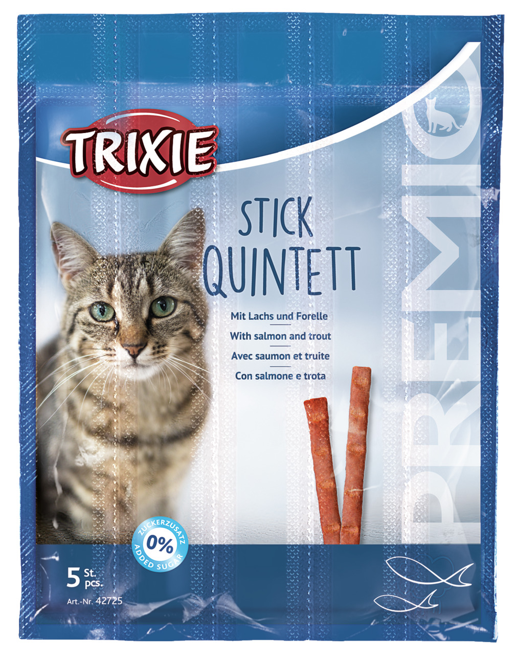 Das Bild zeigt die Verpackung des Katzenleckerlis „TRIXIE Stick Quintett“ für Katzen. Die Geschmacksrichtung ist Lachs und Forelle. Die Packung enthält 5 Stück und wirbt mit „0 % Zuckerzusatz“. Auf der Vorderseite ist eine getigerte Katze abgebildet. EAN: