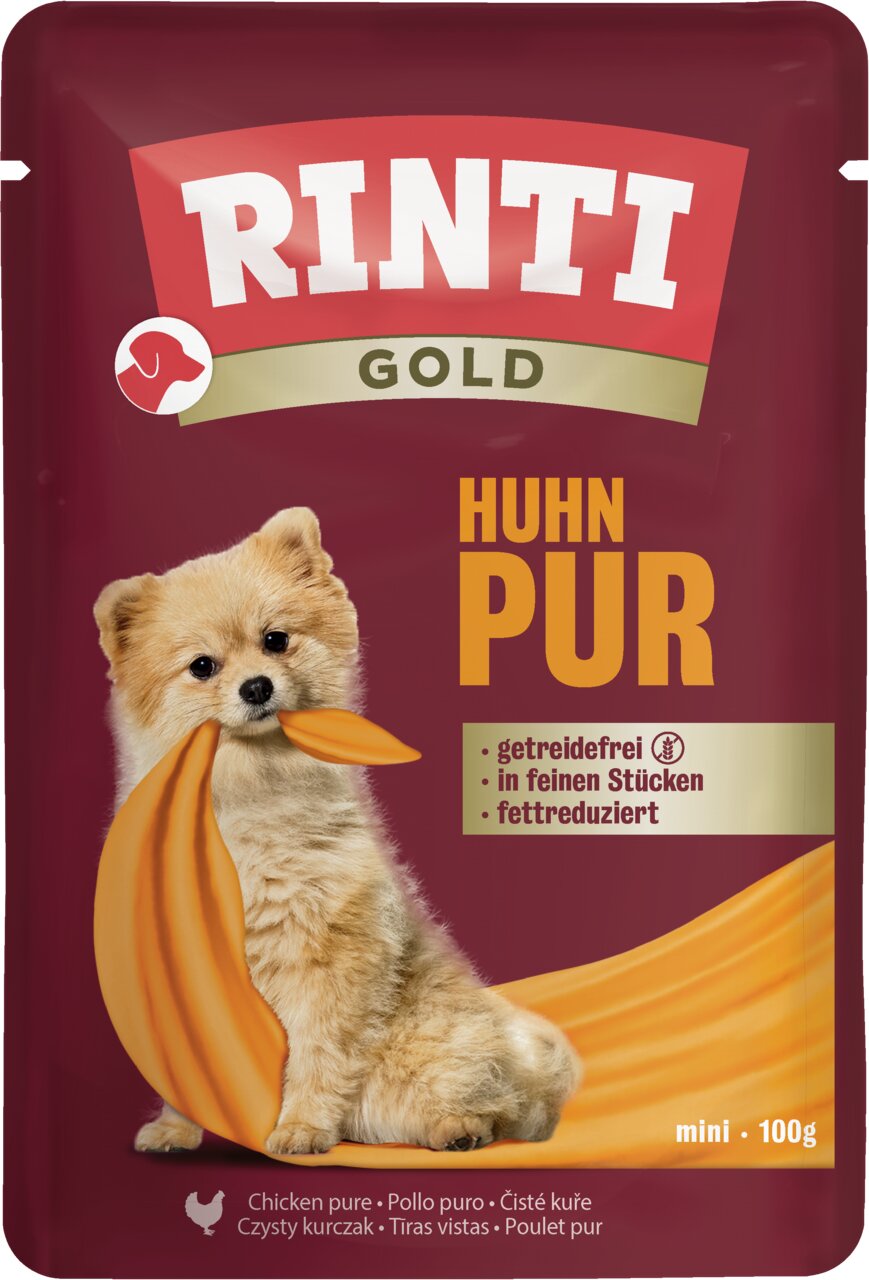 RINTI Gold Huhn Pur für Hunde, getreidefrei, fettreduziert, in feinen Stücken, Geschmacksrichtung Huhn, 100 g.