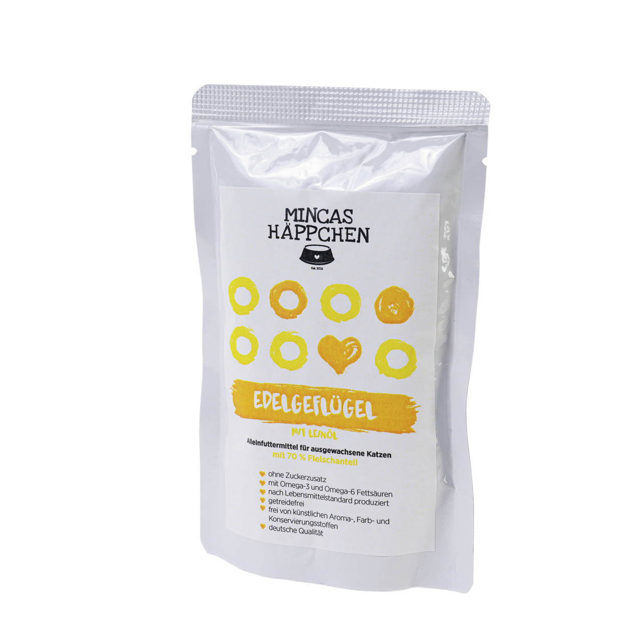 MINCAS HÄPPCHEN Edelgeflügel m. Leinöl, Alleinfutter f. erw. Katzen, 70 % Fleisch, ohne Zucker, getreidefrei, Omega-3+6, lebensmittelgerecht.