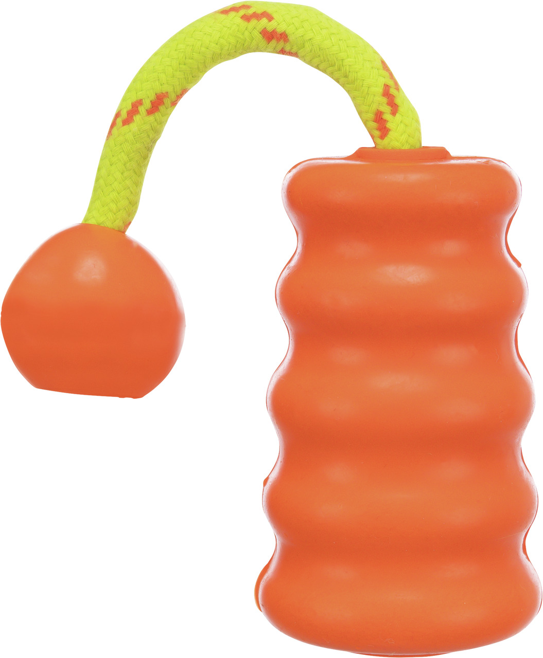 TRIXIE Hundespielzeug "Mot-Fun", für Hunde, robust, orange Gummikörper, gelb-roter Seilgriff, für Apportier--Zerrspiele, Bindungsförderung.