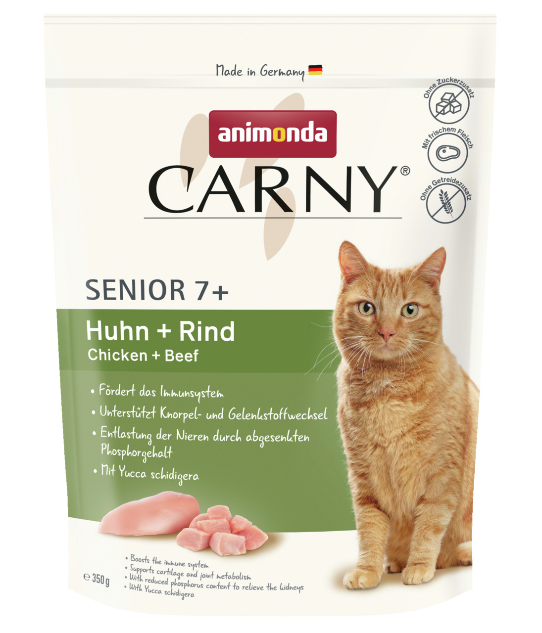 Das Bild zeigt eine Verpackung des Katzenfutters „animonda Carny Senior 7+“ in der Geschmacksrichtung Huhn und Rind. Es ist speziell für ältere Katzen ab 7 Jahren entwickelt. Die Verpackung enthält 350 g und hebt Vorteile wie die Unterstützung des Immunsy
