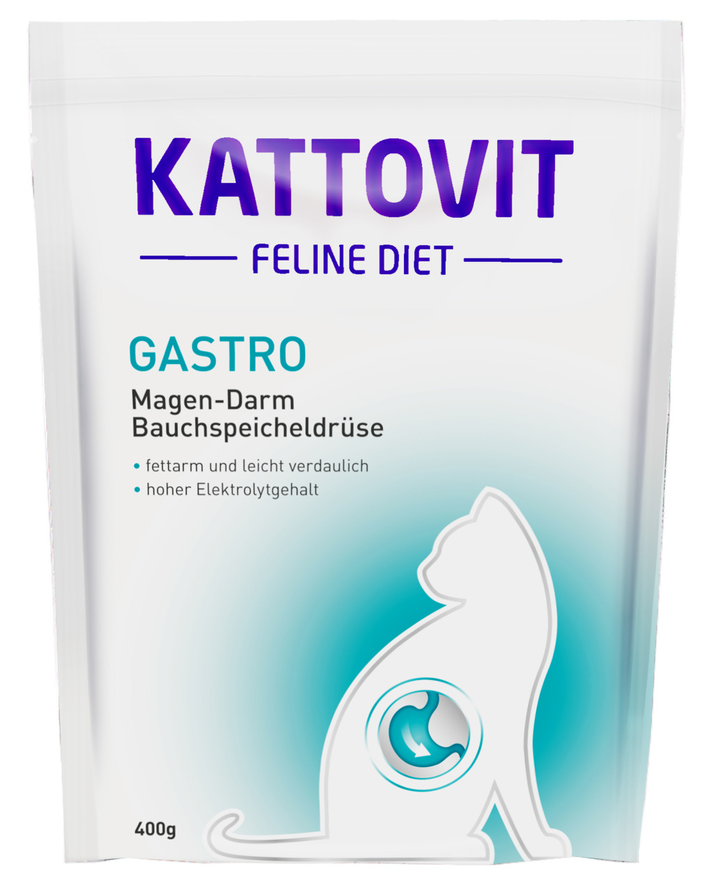 Kattovit Feline Diet Gastro, 400 g, für Katzen mit Magen-Darm--Bauchspeicheldrüsenproblemen, fettarm, leicht verdaulich, hoher Elektrolytgehalt.