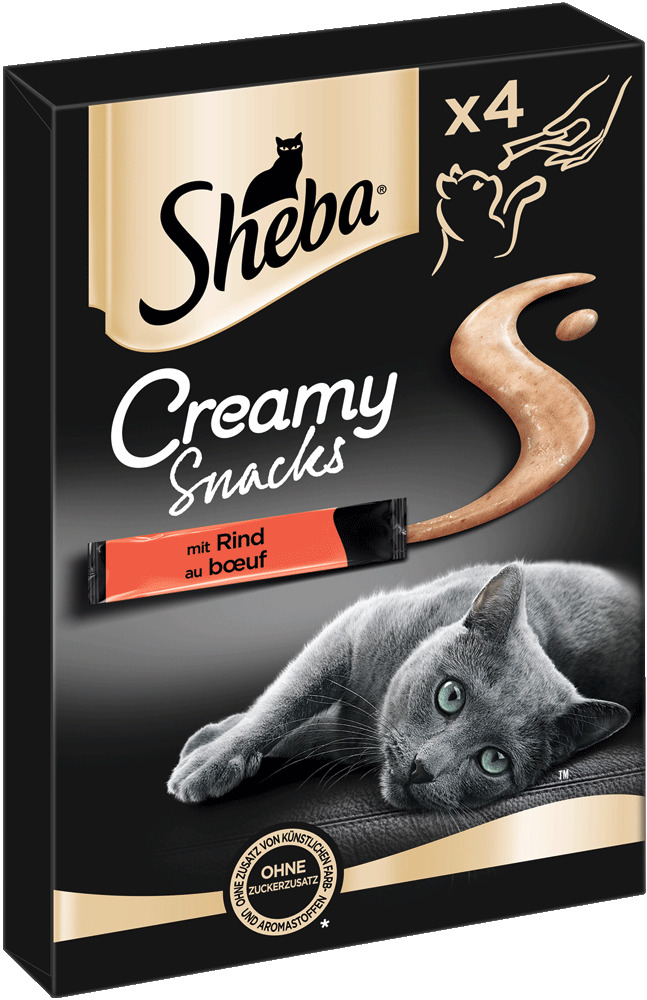 Sheba Creamy Snacks für Katzen, Geschmacksrichtung Rind, 4 Portionen, ohne künstl. Farb--Aromastoffe, ohne Zuckerzusatz.