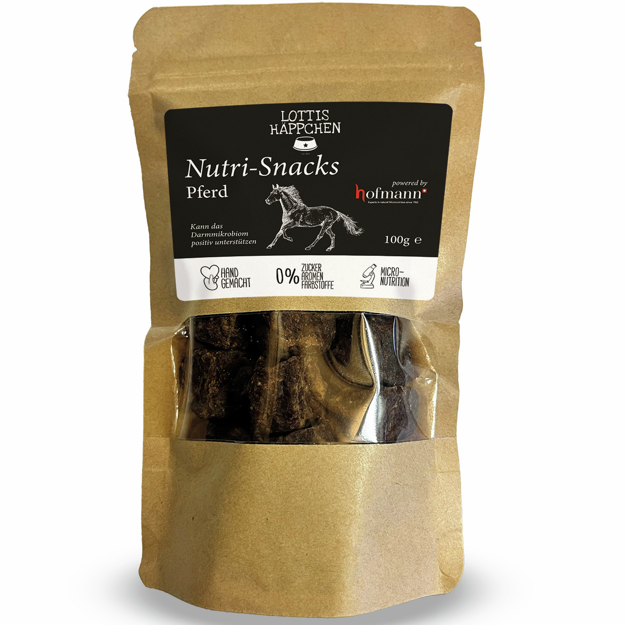 Das Bild zeigt eine braune Verpackung mit transparentem Sichtfenster, die das Produkt „Lottis Häppchen Nutri-Snacks Pferd“ enthält. Die Snacks sind für Hunde geeignet und bestehen aus Pferdefleisch. Die Verpackung weist auf 100 g Inhalt hin, ist handgemac