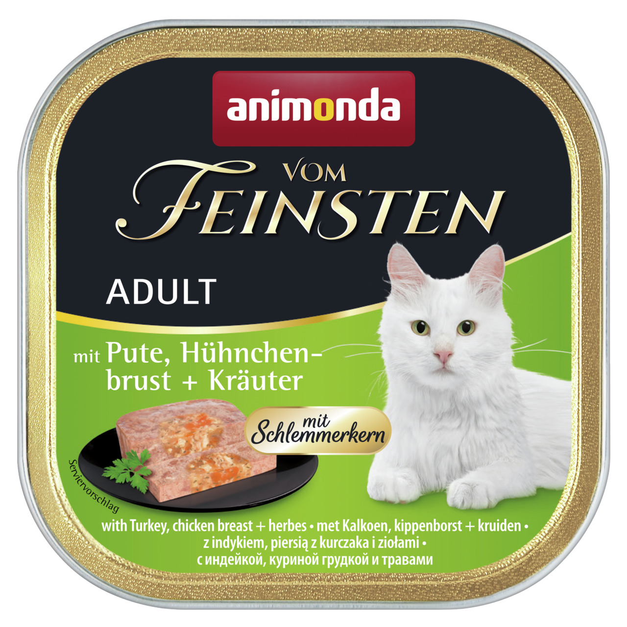 animonda Vom Feinsten Adult mit Schlemmerkern Pute, Hühnchenbrust + Kräuter 100g Schale Katzennassfutter