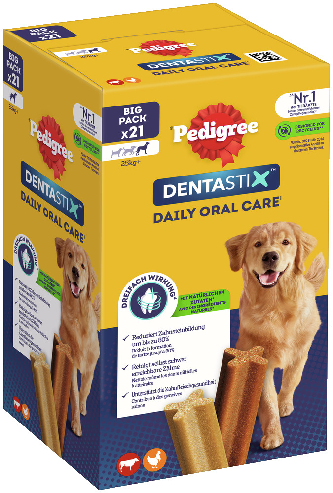 Pedigree Dentastix Daily Oral Care, Hunde ab 25 kg, Huhn-Rind, 21 Stk., Zahnpflege: -80 % Zahnstein, reinigt Zähne, stärkt Zahnfleisch.