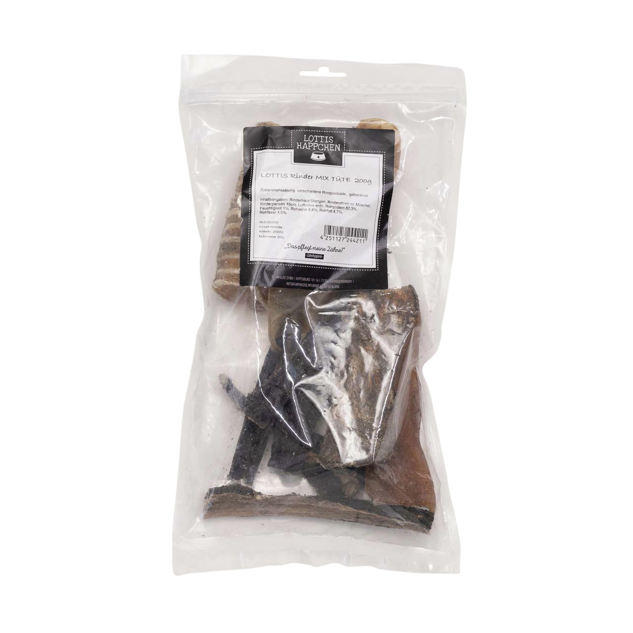 Lottis Häppchen Rinder MIX Tüte 200g: Natürliche Kauartikel aus getrockneten Rinderteilen für Hunde.