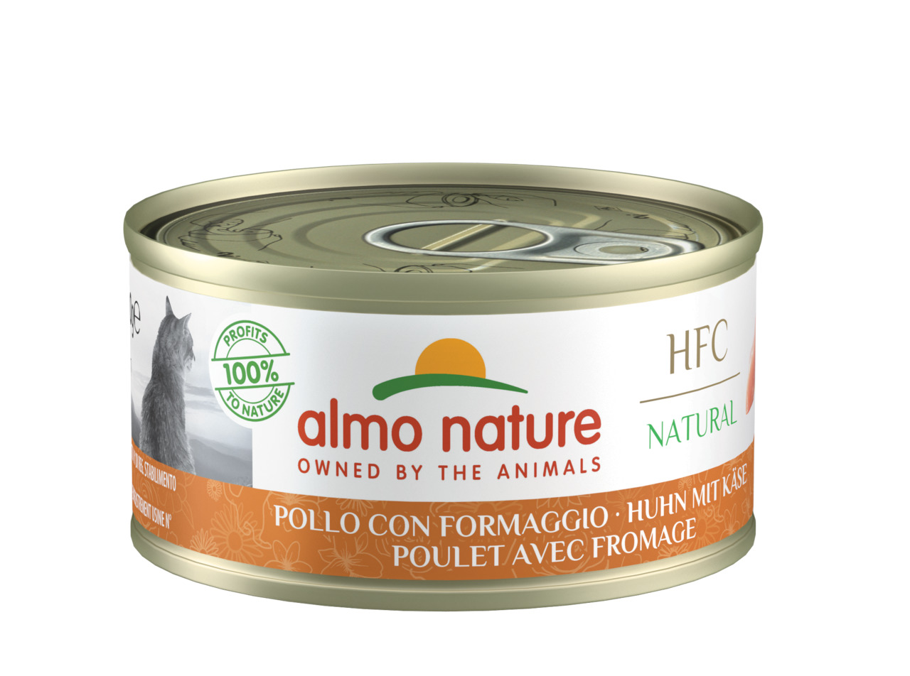 Almo Nature HFC Natural Katzenfutter, Huhn mit Käse, 70 g, "100% Profits to Nature", für Katzen.
