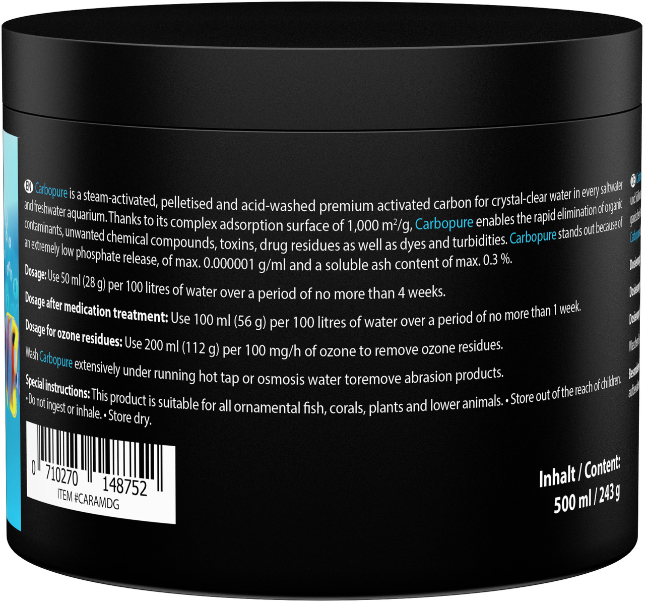 MICROBE-LIFT Carbopure, Aktivkohle f. Süß-/Meerwasseraquarien, 500 ml (243 g), entfernt Schadstoffe, Trübungen, Medikamentenreste.