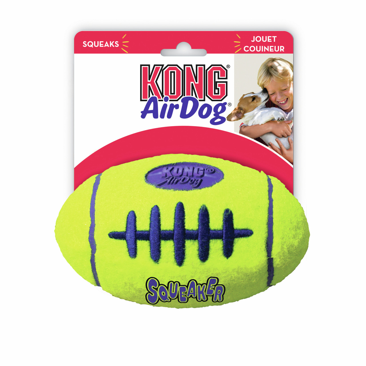KONG AirDog Squeaker Football: Hundespielzeug, Tennisball+Quietscher, gelb-blau, für Hunde, Marke KONG. Menge nicht angegeben.