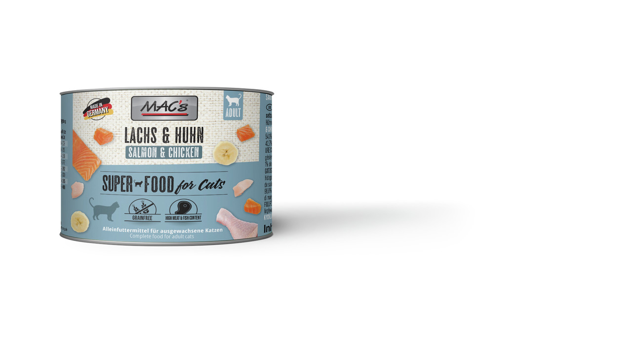MAC's Katzenfutter, Lachs & Huhn, für ausgewachsene Katzen, getreidefrei, hoher Fleisch--Fischanteil, 200 g, „Made in Germany“.