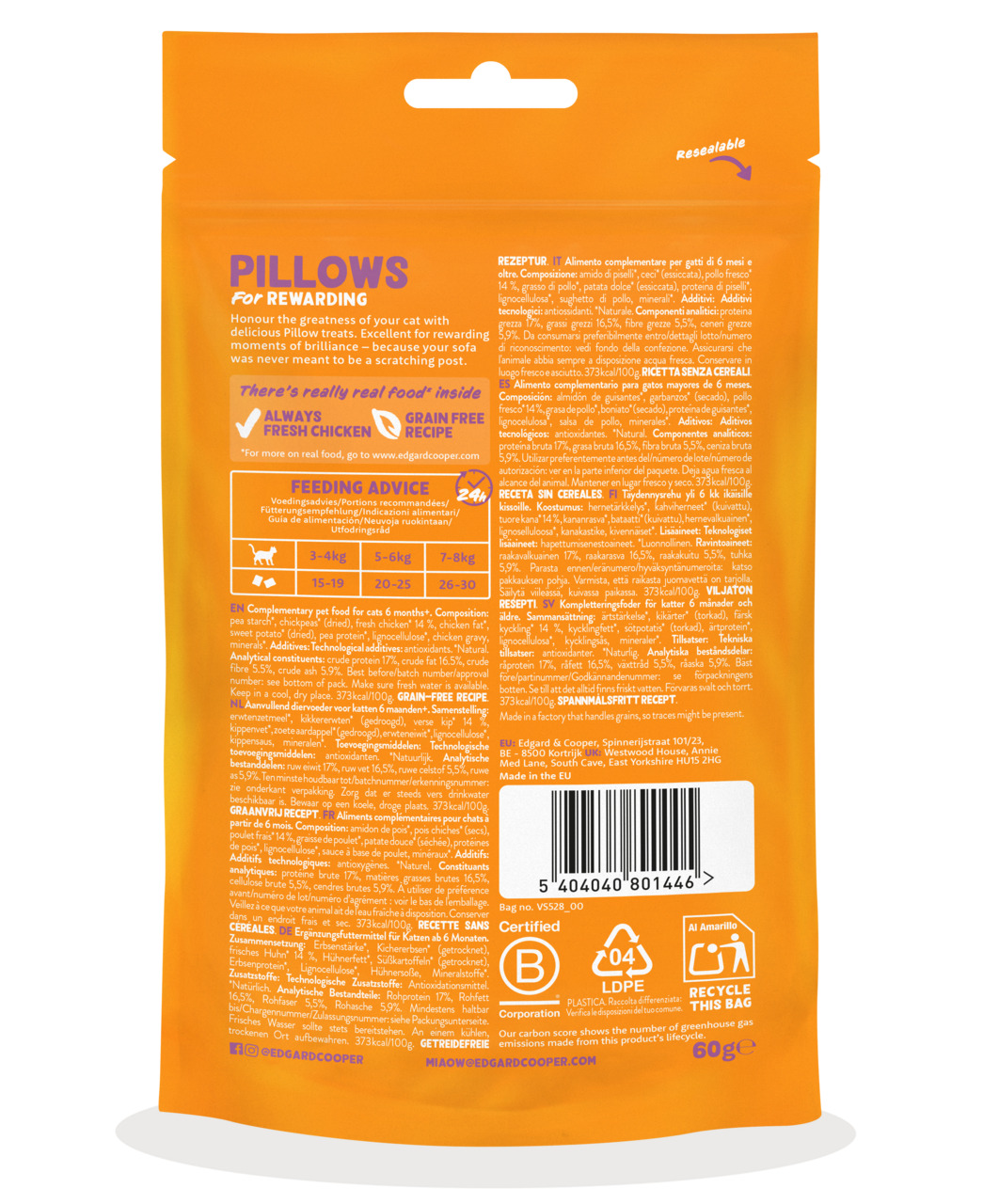 Edgard & Cooper Pillows Katzensnack, Huhn, getreidefrei, ab 6 Mon., 60 g, wiederverschließbar.