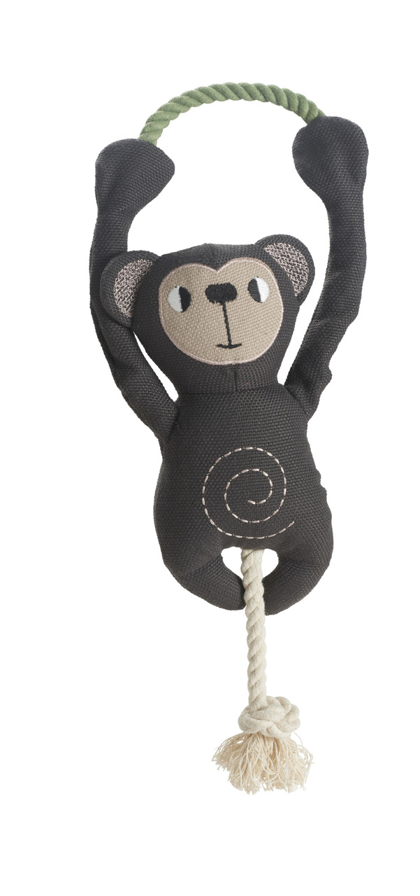 Hundespielzeug HUNTER, schwarzer Stoffaffe mit grünem Seilgriff, robustem Knoten-Seil, Spiraldesign, ideal für Hunde, Spielen & Kauen.
