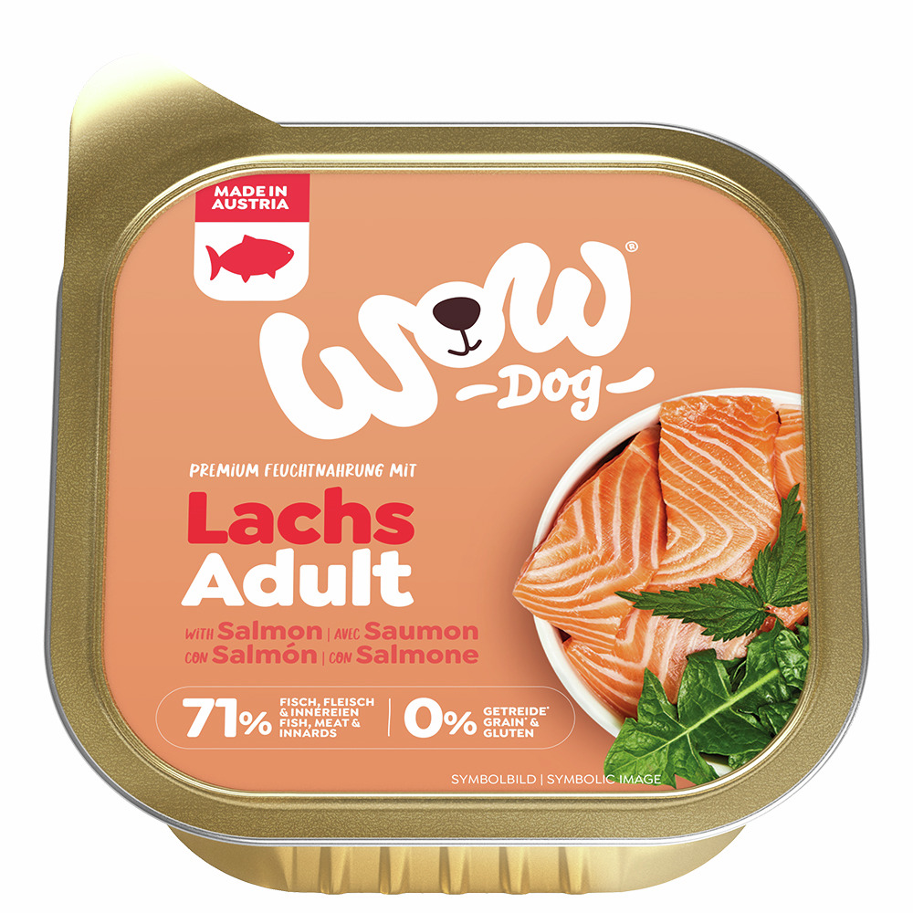 Sparpaket 11 x 150 g Wow Adult Lachs mit Löwenzahn + Brennnessel Hunde Nassfutter