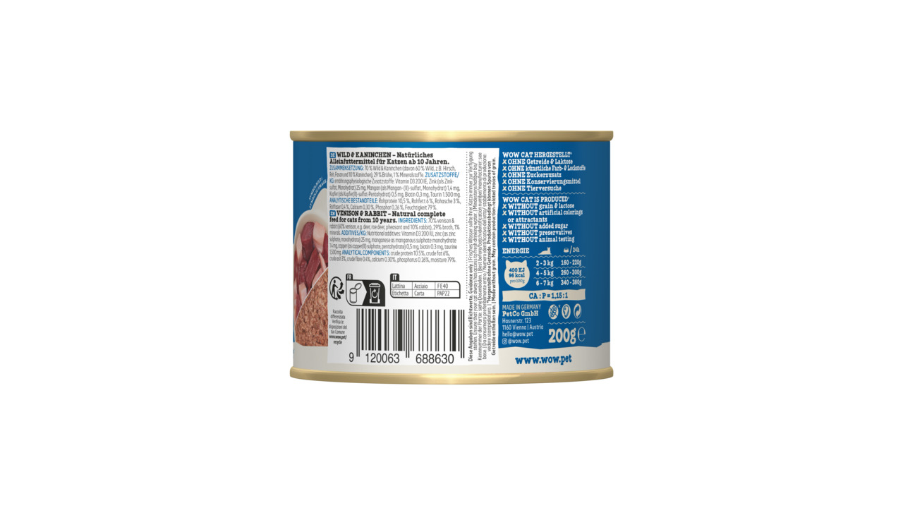 Das Bild zeigt eine Dose Katzenfutter der Marke WOW CAT mit der Geschmacksrichtung Wild & Kaninchen. Das Produkt ist für ausgewachsene Katzen ab 12 Monaten geeignet. Die Dose enthält 200 g und ist frei von Zuckerzusätzen, künstlichen Farb- und Konservieru