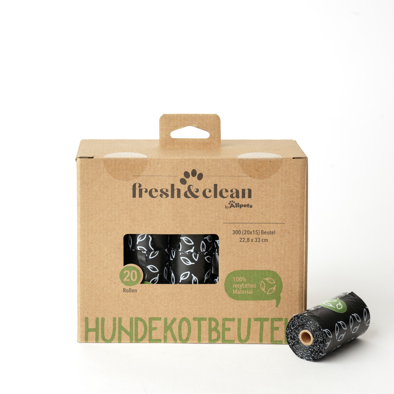 Allpets "fresh & clean" Hundekotbeutel, 100 % recycelt, für Hundebesitzer, 20 Rollen (300 Beutel), Größe 22,8 x 33 cm.