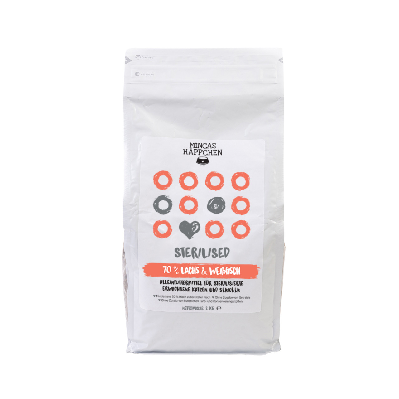 MINCAS HÄPPCHEN Sterilised, 2 kg, für sterilisierte Katzen & Senioren, 70 % Lachs-Weißfisch, ohne Getreide, Farb- & Konservierungsstoffe.
