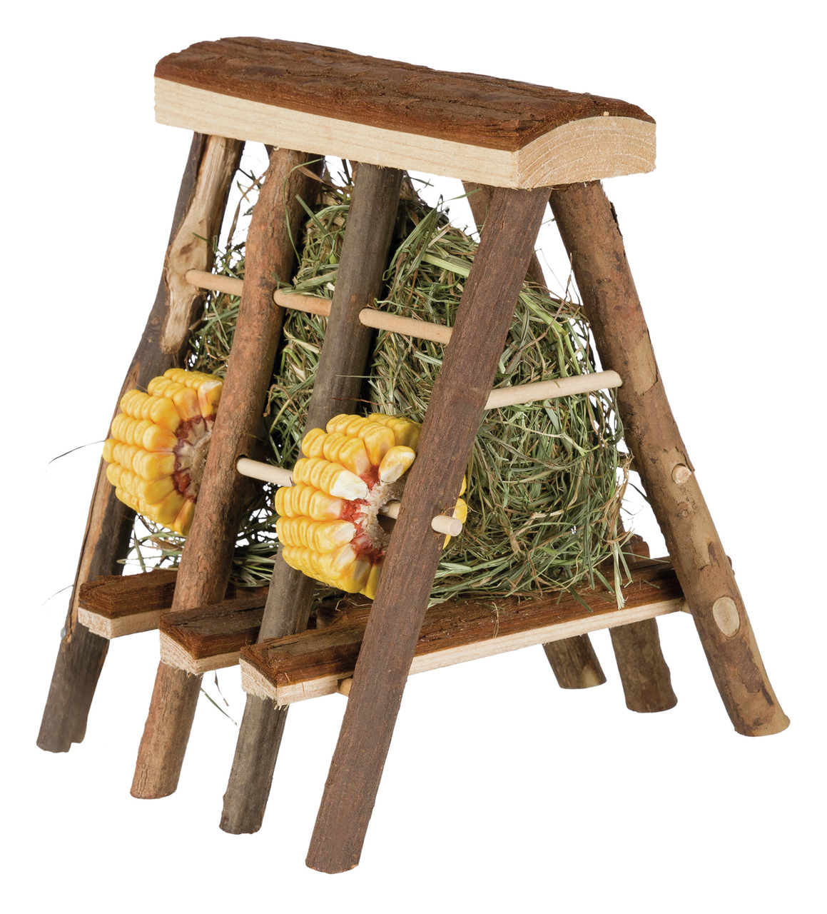 Das Bild zeigt das TRIXIE Naturfutter-Spielzeug für Kleintiere, geeignet für Kaninchen und Nagetiere. Es besteht aus unbehandeltem Holz und ist mit Heu sowie zwei Maiskolben bestückt. Das Produkt fördert die Beschäftigung und den natürlichen Knabbertrieb.