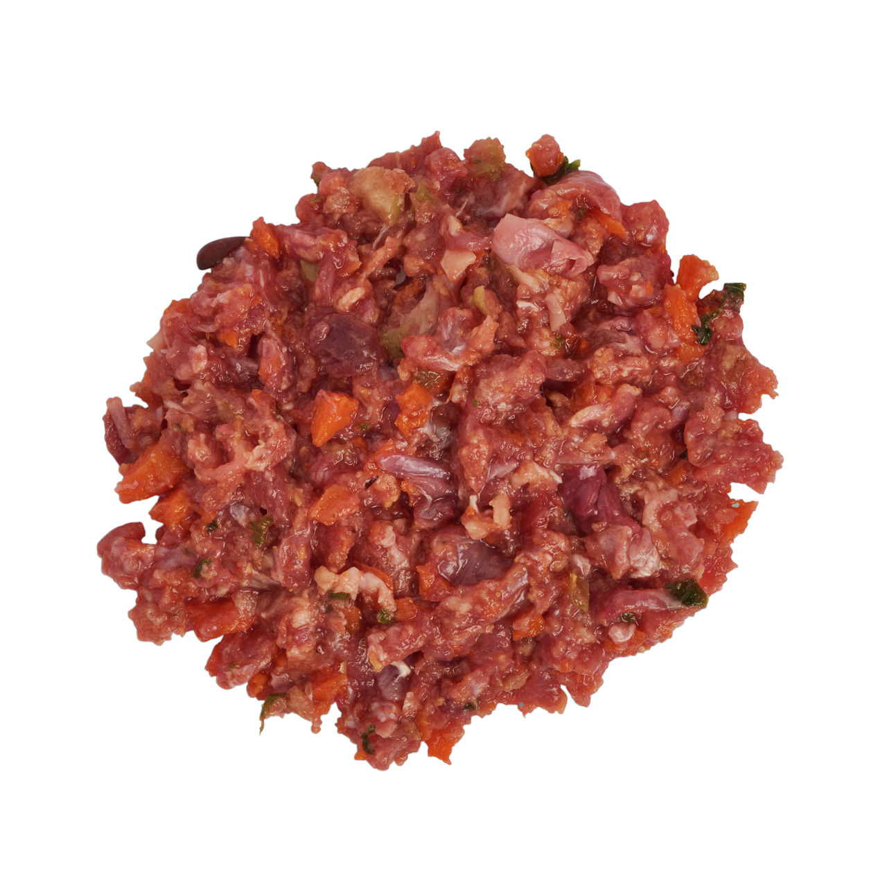 Das Bild zeigt das Produkt "Lottis Häppchen" aus dem Tierbedarf, ein hochwertiges Nassfutter für Hunde. Es handelt sich um eine Mischung aus frischem Fleisch und Gemüse, die eine ausgewogene Ernährung unterstützt. Die Geschmacksrichtung ist Rind mit Karot