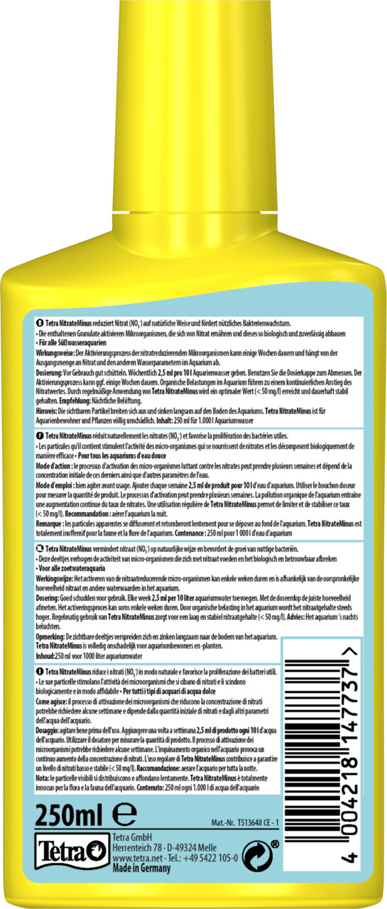 Gelbes Fläschchen mit blauem Etikett der Marke Tetra, Produktname "Tetra NitrateMinus". Zielgruppe: Aquarienbesitzer. Das Produkt reduziert Nitrat im Wasser und fördert das Wachstum nützlicher Bakterien. Inhalt: 250 ml. Geeignet für Süßwasseraquarien. EAN