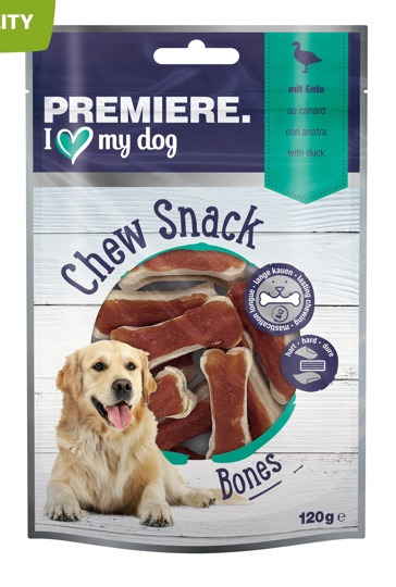 PREMIERE I love my dog Chew Snack Bones, Entengeschmack, für Hunde, 120 g, langes Kauvergnügen, harte Konsistenz.