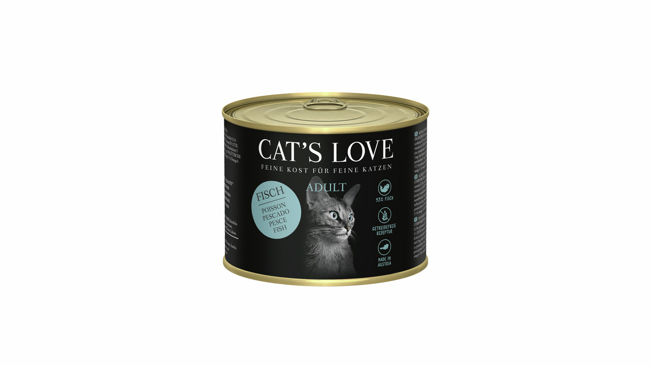 Das Bild zeigt eine schwarze Dose Katzenfutter der Marke "Cat's Love" mit der Aufschrift "Feine Kost