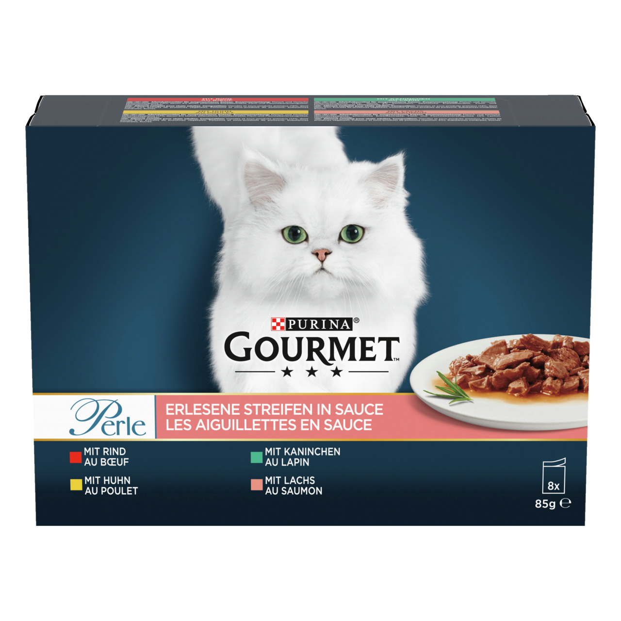Purina GOURMET Perle „Erlesene Streifen in Sauce“ für Katzen, Rind-Huhn-Kaninchen-Lachs, 8x85g, für ausgewachsene Katzen.