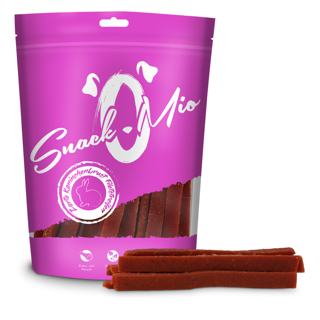 SnackOMio Kaninchen-Snack, zarte Kaninchenbrust, für Kaninchen, leckere Streifen, Menge nicht erkennbar.