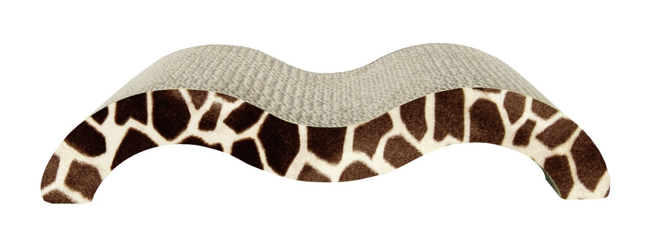 Kratzbrett von Catlove für Katzen, gestaltet in einer wellenförmigen Struktur mit einer Oberfläche aus strapazierfähigem Karton. Das Design zeigt ein auffälliges Giraffenmuster. Ideal für Katzen zum Kratzen und Spielen, fördert die Krallenpflege und schüt