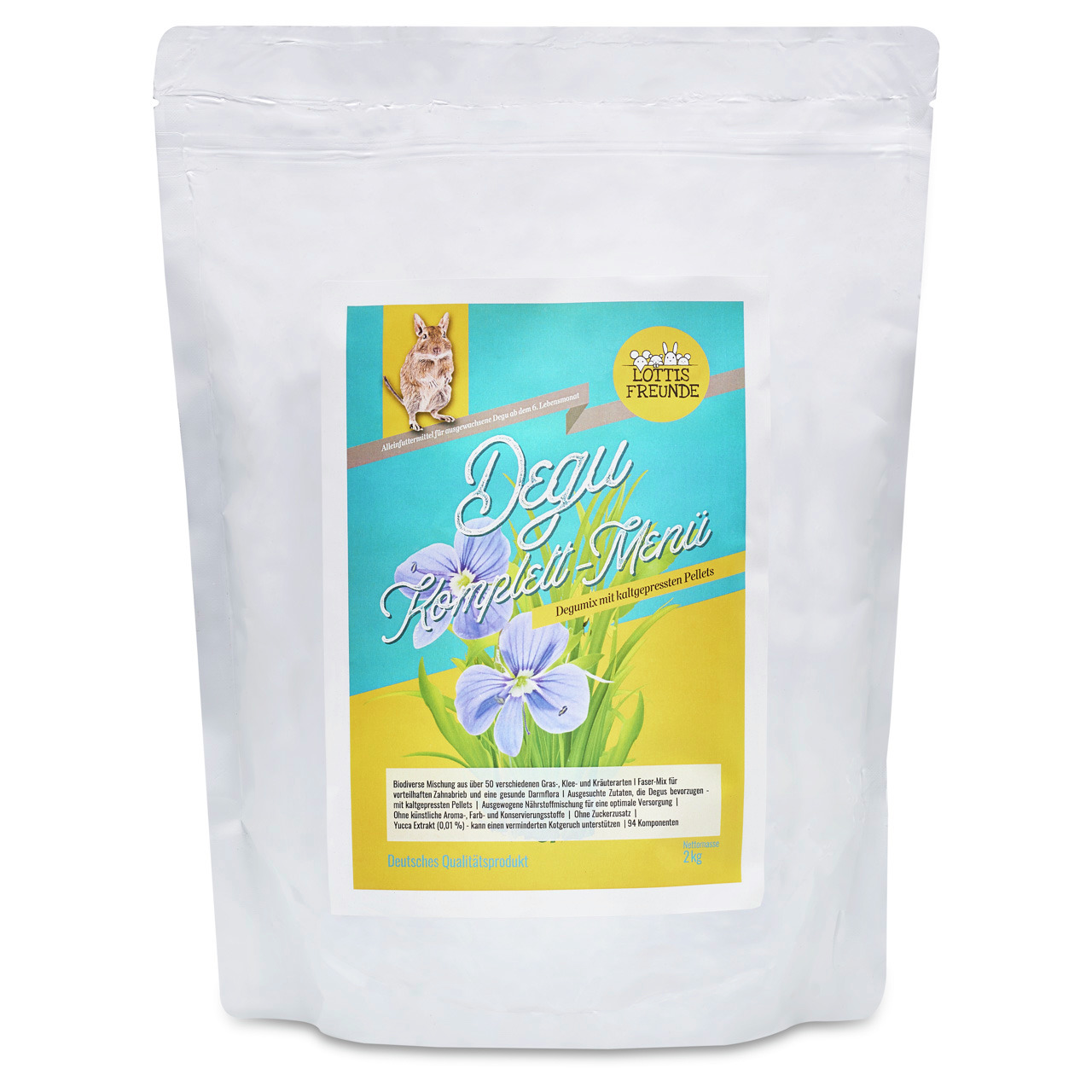 LOTTIS FREUNDE Degu Komplett-Menü: Hochwertiges Futter für Degus, kaltgepresste Pellets, 2 kg, mit bunter Blumen- & Degu-Illustration.