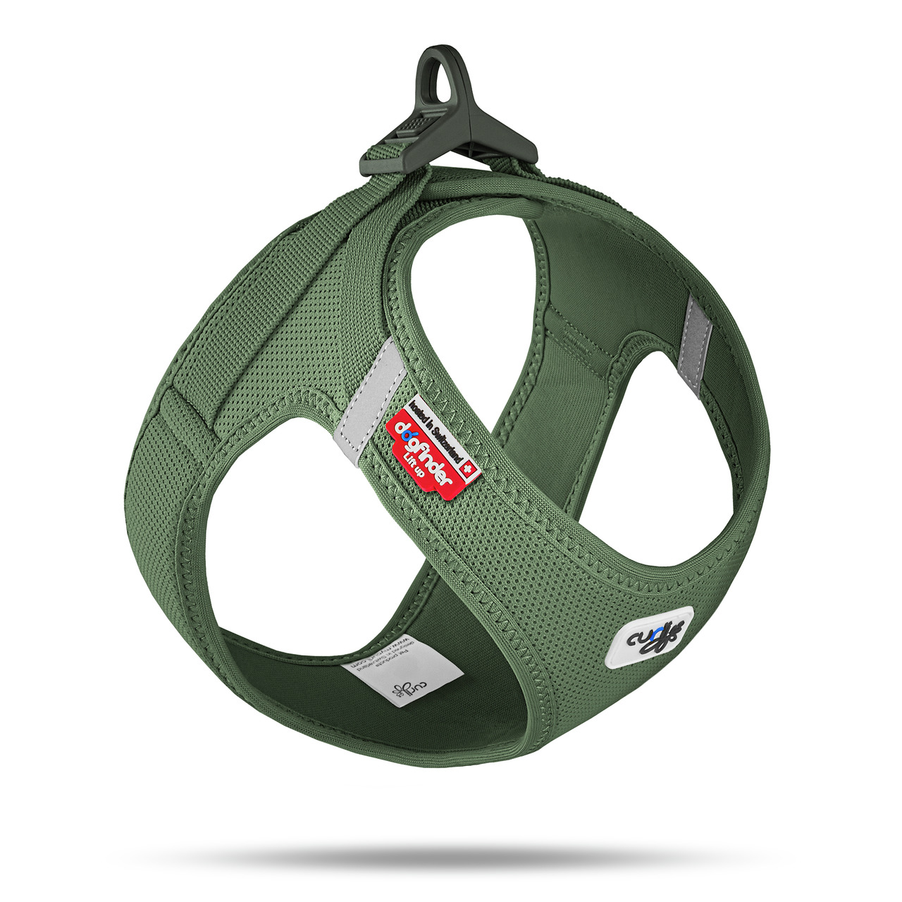 Grünes Hundegeschirr der Marke Curli, Modell „Vest Air-Mesh“, speziell für kleine bis mittelgroße Hunde. Es besteht aus atmungsaktivem Mesh-Material, ideal für warme Tage. Das Geschirr zeigt reflektierende Elemente für Sicherheit und einen stabilen Clip-V
