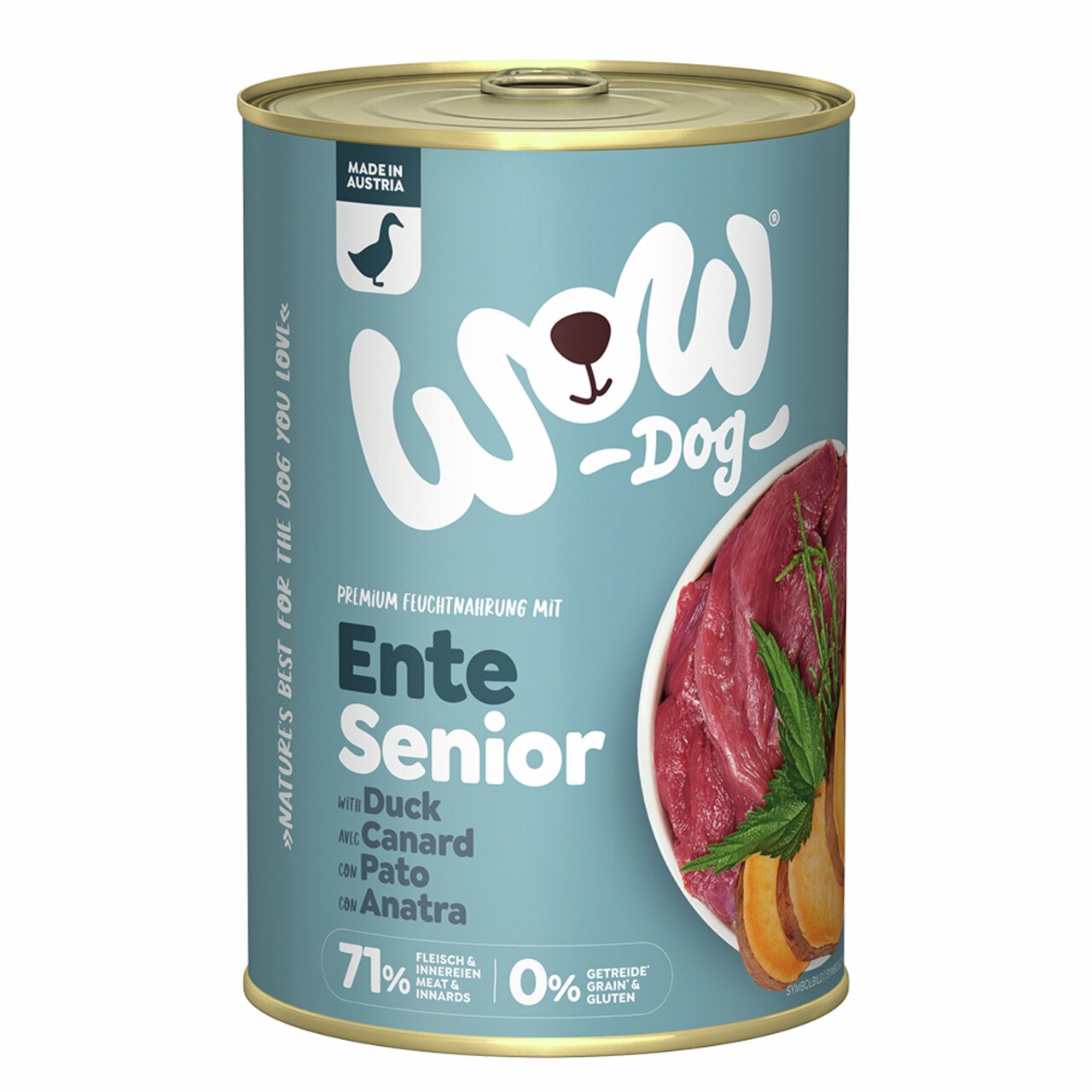 Hundefutter WOW DOG Ente Senior, für ältere Hunde, mit Ente, 400 g Dose, 71 % Fleischanteil, getreide- und glutenfrei.
