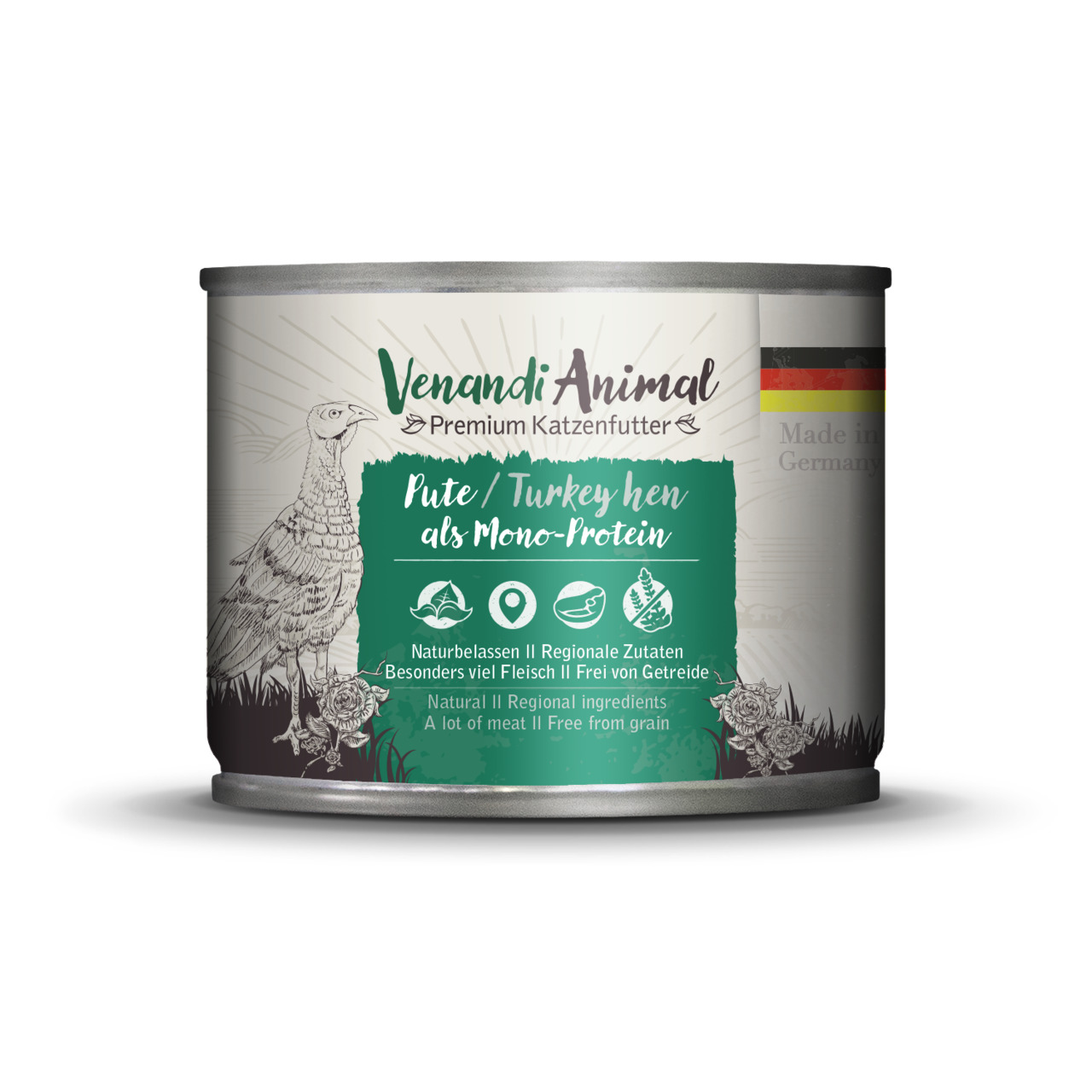 Das Bild zeigt eine Dose des Premium-Katzenfutters „Venandi Animal“ mit der Geschmacksrichtung Pute als Mono-Protein. Die Zielgruppe sind Katzen. Auf der Dose sind Werbeaussagen wie „Naturbelassen“, „Regionale Zutaten“, „Besonders viel Fleisch“ und „Frei 