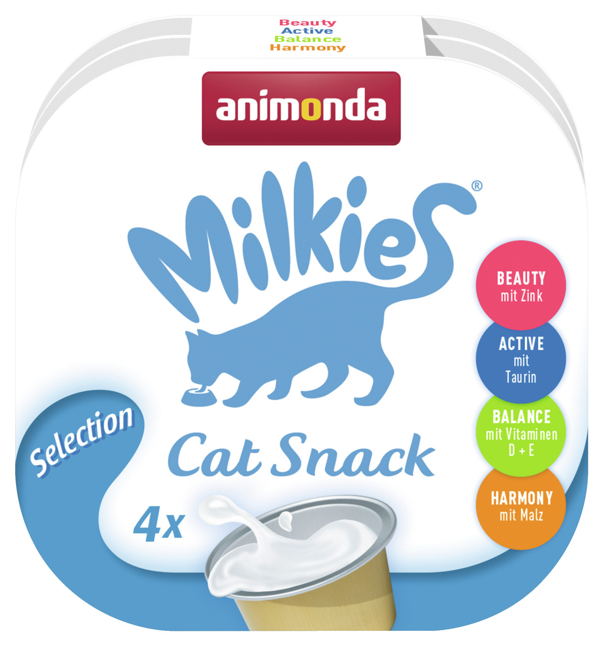 Das Bild zeigt die Verpackung des Produkts „animonda Milkies Cat Snack Selection“. Es handelt sich um einen Katzensnack für ausgewachsene Katzen. Die Geschmacksrichtungen sind „Beauty“ mit Zink, „Active“ mit Taurin, „Balance“ mit Vitaminen D+E und „Harmon