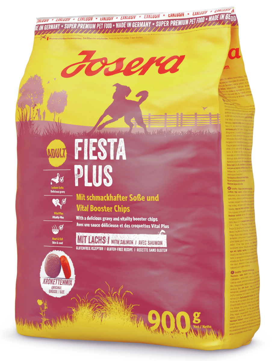 Josera Fiesta Plus, Hundefutter für ausgewachsene Hunde, Lachs, 900 g, glutenfrei, unterstützt Haut & Fell, mit Vital Booster Chips.