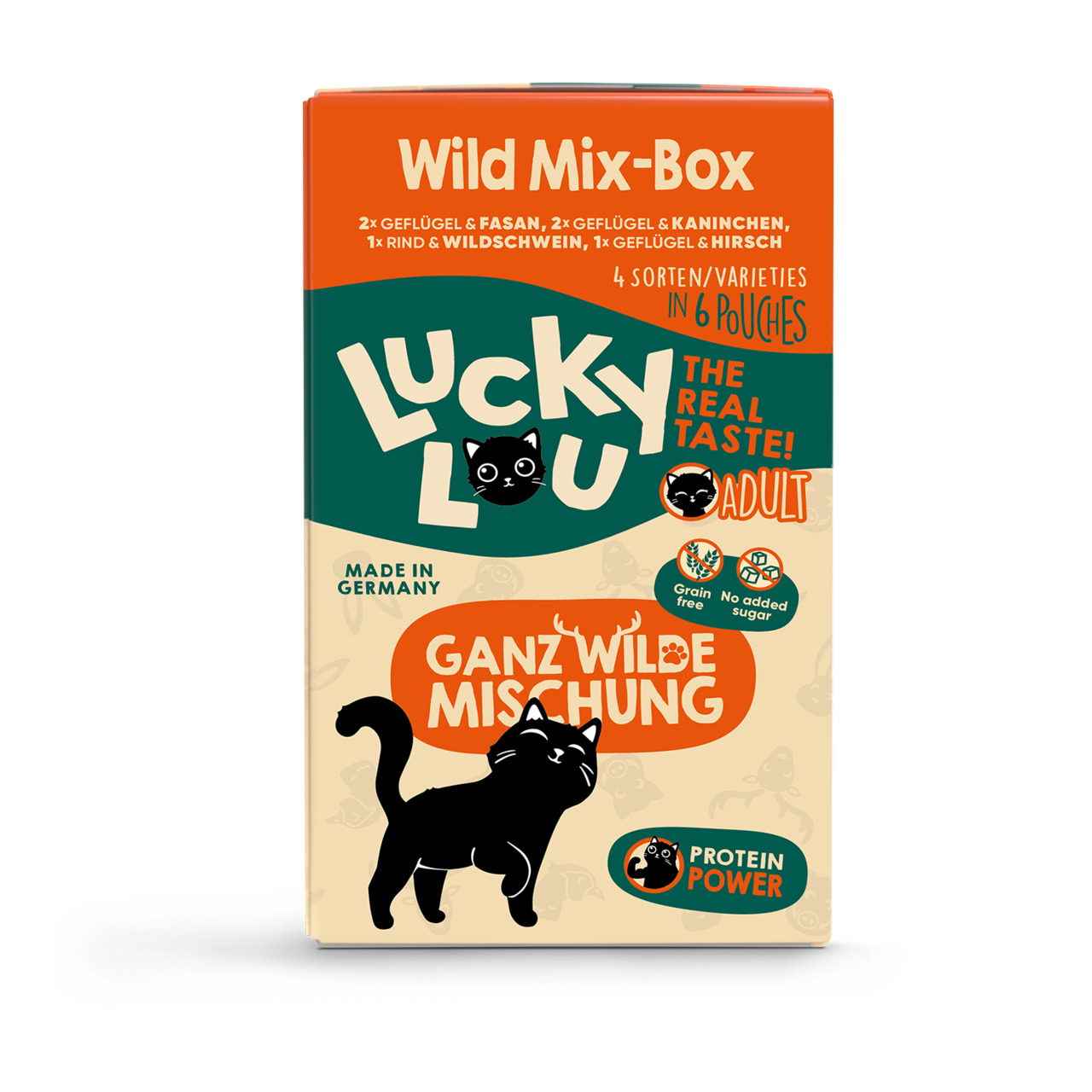 Lucky Lou Wild Mix-Box Katzenfutter, 6 Beutel (4 Sorten: Geflügel-Fasan, Geflügel-Kaninchen, Rind-Wildschwein, Geflügel-Hirsch), ohne Getreide-Zucker.
