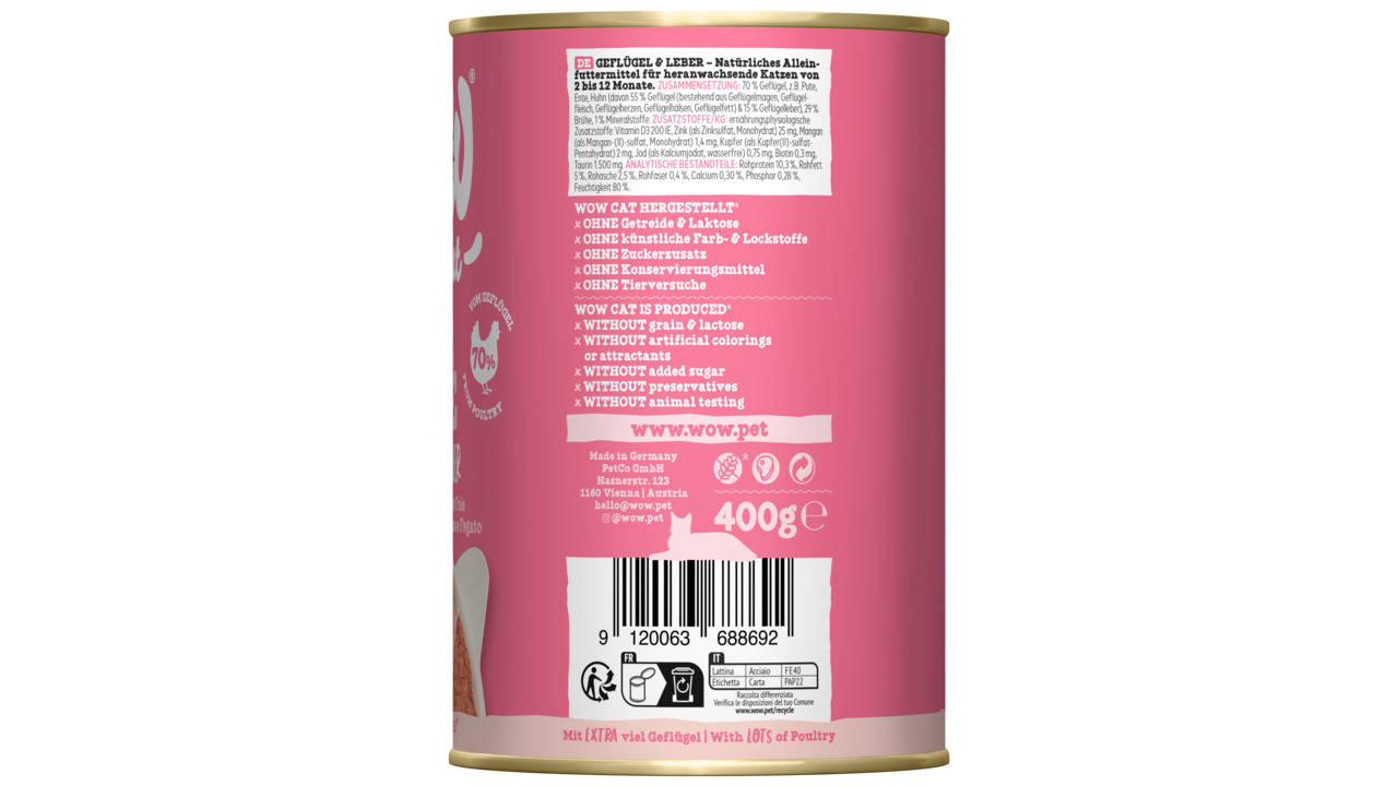WOW CAT Katzenfutter Geflügel, 400g, ab 12 Mon., 70 % Fleisch, ohne Getreide, Zucker, künstl. Stoffe & Tierversuche, Alleinfuttermittel.